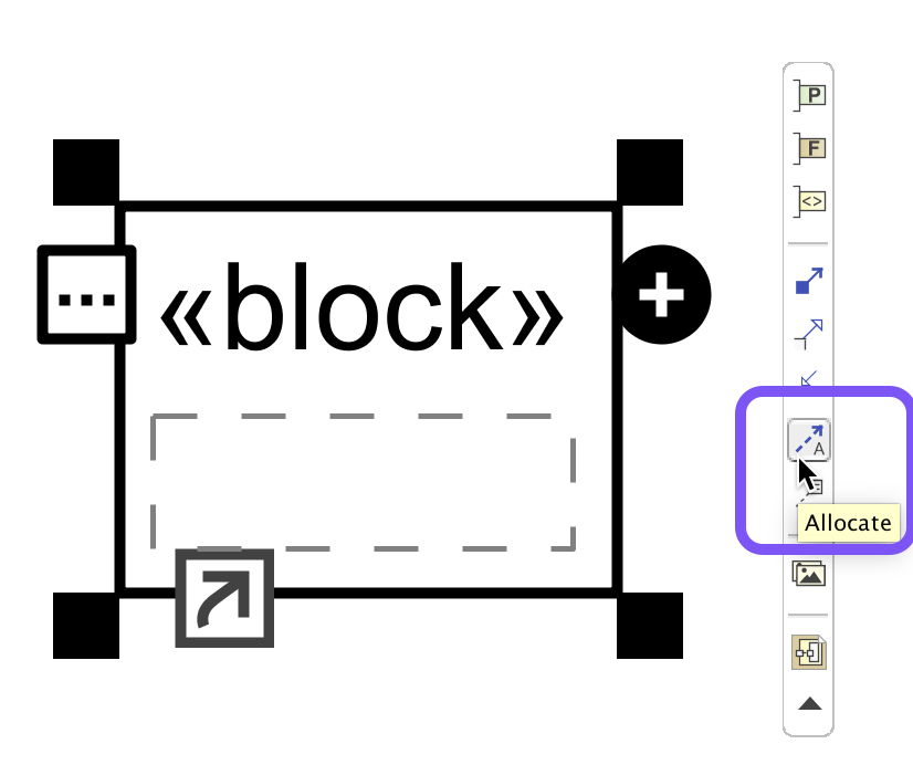 MagicDraw/Cameo: The Allocate relationship is available on many element kinds on most SysML diagram types as a smart manipulator (click symbol once then look at right of symbol).